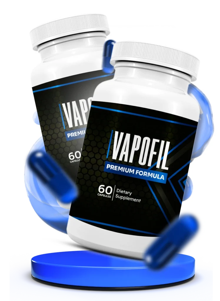 A bottle of VapoFil capsules with two blue capsules on a blue stand